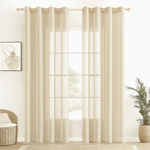 EMEMA Voile Vorhang Sheer Leinenvorhang Transparente Leinen Gardinen Ösenschal Wohnzimmer Wohnzimmer Modern 2er Set Fensterschal Dekoschal Schlafzimmer mit Ösen 140 x 245cm (B x H) Beige von EMEMA