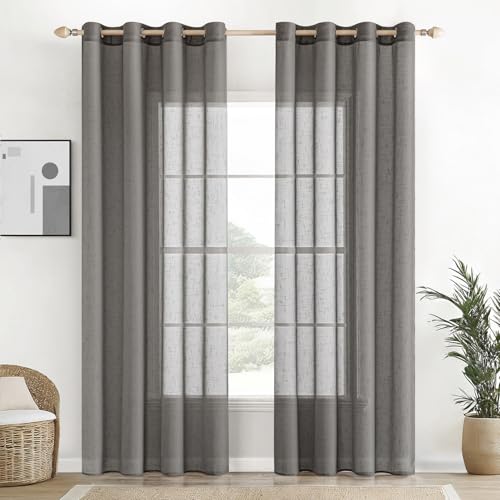 EMEMA Voile Vorhang Sheer Leinenvorhang Transparente Leinen Gardinen Ösenschal Wohnzimmer Wohnzimmer Modern 2er Set Fensterschal Dekoschal Schlafzimmer mit Ösen 140 x 245cm (B x H) Dunkelgrau von EMEMA