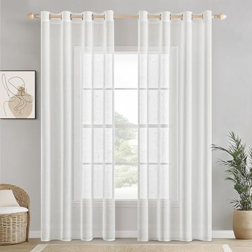 EMEMA Voile Vorhang Sheer Leinenvorhang Transparente Leinen Gardinen Ösenschal Wohnzimmer Wohnzimmer Modern 2er Set Fensterschal Dekoschal Schlafzimmer mit Ösen 140 x 245cm (B x H) Weiß von EMEMA