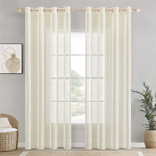 EMEMA Voile Vorhang Sheer Leinenvorhang Transparente Leinen Gardinen Ösenschal Wohnzimmer Wohnzimmer Modern 2er Set Fensterschal Dekoschal Schlafzimmer mit Ösen 140 x 260cm (B x H) Elfenbein von EMEMA
