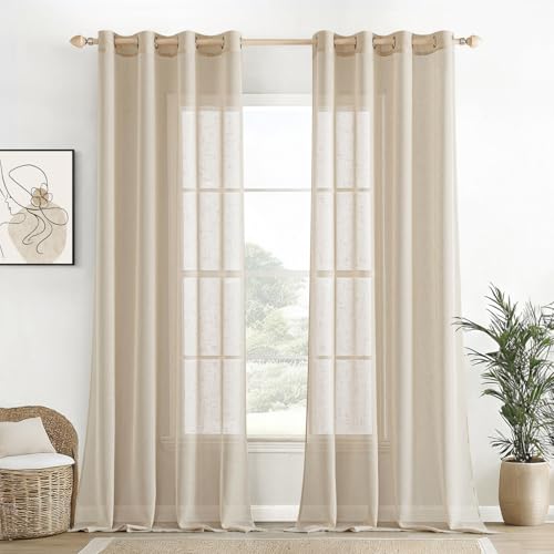 EMEMA Voile Vorhang Sheer Leinenvorhang Transparente Leinen Gardinen Ösenschal Wohnzimmer Wohnzimmer Modern 2er Set Fensterschal Dekoschal Schlafzimmer mit Ösen 140 x 280cm (B x H) Beige von EMEMA