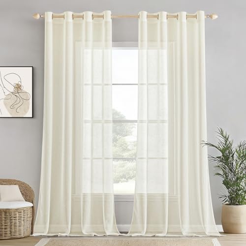 EMEMA Voile Vorhang Sheer Leinenvorhang Transparente Leinen Gardinen Ösenschal Wohnzimmer Wohnzimmer Modern 2er Set Fensterschal Dekoschal Schlafzimmer mit Ösen 140 x 280cm (B x H) Elfenbein von EMEMA