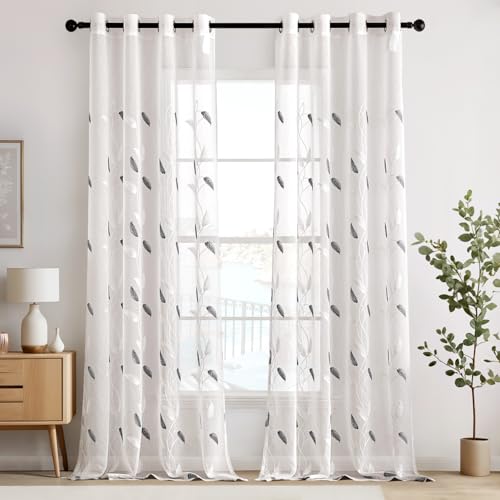 EMEMA Voile Vorhang Wohnzimmer mit Ösen Transparente Blätter Muster Schöne Stickerei Gardinen Fenster Vorhang 2er Set Modern Schlafzimmer Vorhänge Jeder H 225 X B 140 cm Blätter Grau EMEMA Voile Vorhang Wohnzimmer mit Ösen Transparente Blätter Muster Schöne Stickerei Gardinen Fenster Vorhang 2er Set Modern Schlafzimmer Vorhänge Jeder H 225 X B 140 cm Blätter Grau von EMEMA