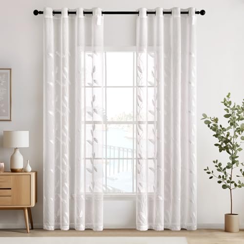EMEMA Voile Vorhang Wohnzimmer mit Ösen Transparente Blätter Muster Schöne Stickerei Gardinen Fenster Vorhang 2er Set Modern Schlafzimmer Vorhänge Jeder H 225 X B 140 cm Blätter Weiß von EMEMA