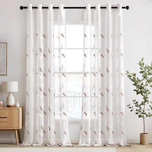 EMEMA Voile Vorhang Wohnzimmer mit Ösen Transparente Blätter Muster Schöne Stickerei Gardinen Fenster Vorhang 2er Set Modern Schlafzimmer Vorhänge Jeder H 245 X B 140 cm Blätter Braun EMEMA Voile Vorhang Wohnzimmer mit Ösen Transparente Blätter Muster Schöne Stickerei Gardinen Fenster Vorhang 2er Set Modern Schlafzimmer Vorhänge Jeder H 245 X B 140 cm Blätter Braun von EMEMA