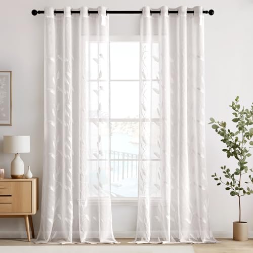 EMEMA Voile Vorhang Wohnzimmer mit Ösen Transparente Blätter Muster Schöne Stickerei Gardinen Fenster Vorhang 2er Set Modern Schlafzimmer Vorhänge Jeder H 260 X B 140 cm Blätter Weiß EMEMA Voile Vorhang Wohnzimmer mit Ösen Transparente Blätter Muster Schöne Stickerei Gardinen Fenster Vorhang 2er Set Modern Schlafzimmer Vorhänge Jeder H 260 X B 140 cm Blätter Weiß von EMEMA