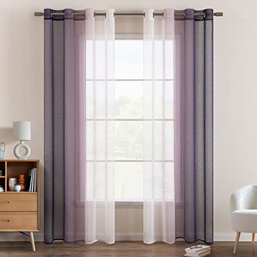 EMEMA Voile Vorhang Zweifarbiger Vorhang mit Ösen Transparente Gardine Ösenschal Fensterschal Lichtdurchlässig für Schlafzimmer 2er Set 140x145cm Lila von EMEMA