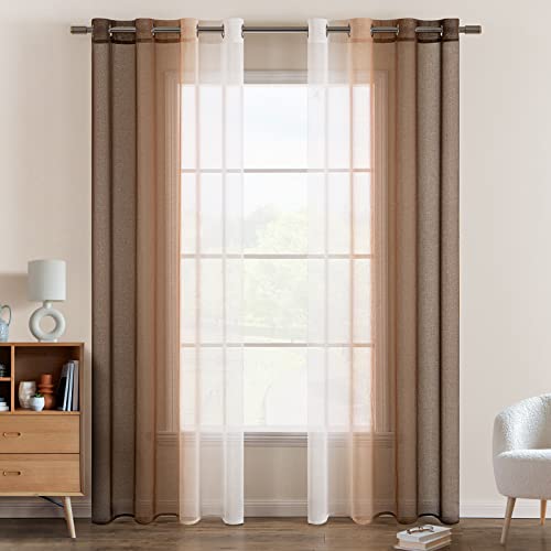 EMEMA Voile Vorhang Zweifarbiger Vorhang mit Ösen Transparente Gardine Ösenschal Fensterschal Lichtdurchlässig für Schlafzimmer 2er Set 140x145cm Weiß Hellkaffee von EMEMA