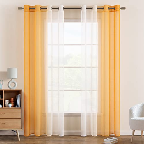 EMEMA Voile Vorhang Zweifarbiger Vorhang mit Ösen Transparente Gardine Ösenschal Fensterschal Lichtdurchlässig für Schlafzimmer 2er Set 140x245cm Orange von EMEMA