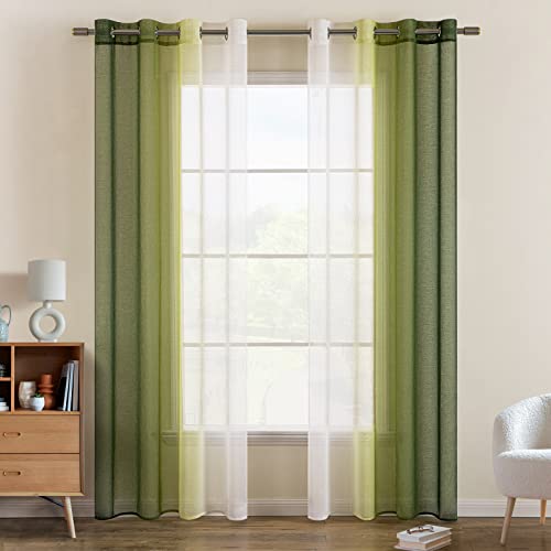 EMEMA Voile Vorhang Zweifarbiger Vorhang mit Ösen Transparente Gardine Ösenschal Fensterschal Lichtdurchlässig für Schlafzimmer 2er Set 140x260cm Olivergrün von EMEMA