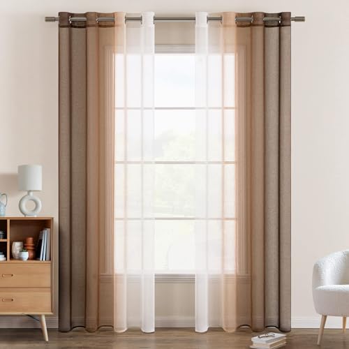 EMEMA Voile Vorhang Zweifarbiger Vorhang mit Ösen Transparente Gardine Ösenschal Fensterschal Lichtdurchlässig für Schlafzimmer 2er Set 140x280cm Weiß Hellkaffee von EMEMA