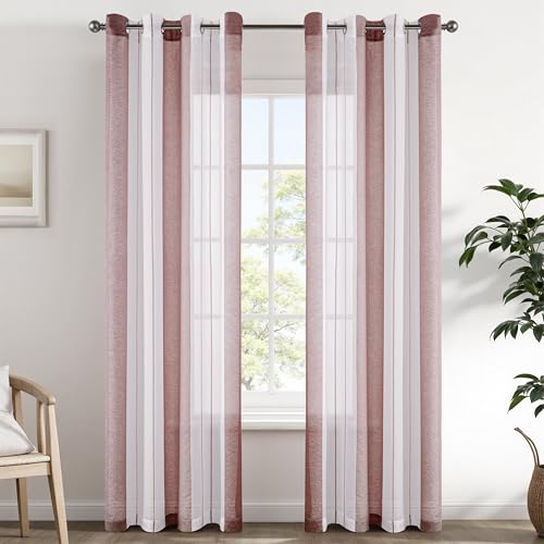 EMEMA Vorhänge mit Ösen Altrosa-Weiss Streifen Voile Gardinen Halbtransparent Wohnzimmer 140x225cm Dekorieren 2er Set Stores Schals mit Ösenschal Vorhang Moderner Schlafzimmer von EMEMA