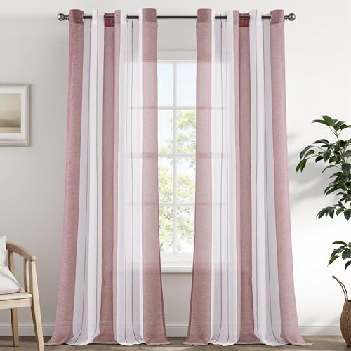 EMEMA Vorhänge mit Ösen Altrosa-Weiss Streifen Voile Gardinen Moderner Wohnzimmer 2er Set Stores Schals mit Ösenschal Halbtransparent Dekorieren Schlafzimmer Vorhang 140x260cm von EMEMA