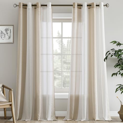 EMEMA Vorhänge mit Ösen Beige-Weiss Streifen Voile Gardinen Halbtransparent Wohnzimmer 140x280cm Dekorieren 2er Set Stores Schals mit Ösenschal Vorhang Moderner Schlafzimmer von EMEMA