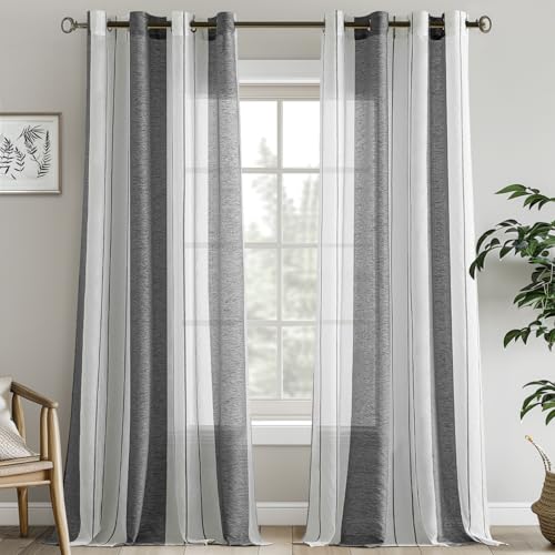EMEMA Vorhänge mit Ösen Grau-Weiss Streifen Voile Gardinen Halbtransparent Wohnzimmer 140x270cm Dekorieren 2er Set Stores Schals mit Ösenschal Vorhang Moderner Schlafzimmer von EMEMA