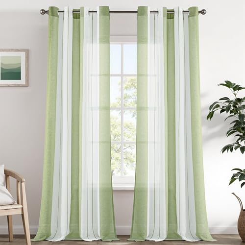 EMEMA Vorhänge mit Ösen Hellgrün-Weiss Streifen Voile Gardinen Moderner Wohnzimmer 2er Set Stores Schals mit Ösenschal Halbtransparent Dekorieren Schlafzimmer Vorhang 140x260cm von EMEMA