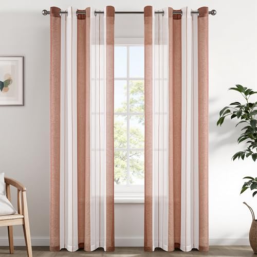 EMEMA Vorhänge mit Ösen Kaffee-Weiss Streifen Voile Gardinen Halbtransparent Wohnzimmer 140x245cm Dekorieren 2er Set Stores Schals mit Ösenschal Vorhang Moderner Schlafzimmer von EMEMA