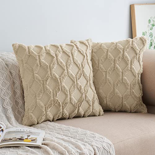 EMEMA Wolle Kissenbezüge Dekokissen Sofakissen Weich Couchkissen Kissenbezug Polyster Zierkissenbezug für Sofa Couch Wohnzimmer Schlafzimmer 2er Set 40x40 cm Beige von EMEMA