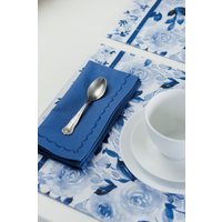 Blaues Servietten-Set Aus Baumwolle, Bestickte Stoffservietten, Wiederverwendbare Cocktailservietten, Neues Zuhause Geschenk, Blaue Tischwäsche von EMENAStore