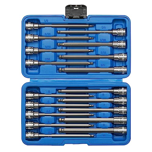 EMENTOL 18-teiliges Sechskant-Bit-Steckschlüssel-Set, 3/8-Zoll-Antrieb, langer Kugelkopf, CR-V, S2-Stahl, SAE/metrisch, extra langer Inbus-Bit-Steckschlüsselsatz, 1/8 Zoll – 3/8 Zoll, 3 mm – 10 mm von EMENTOL