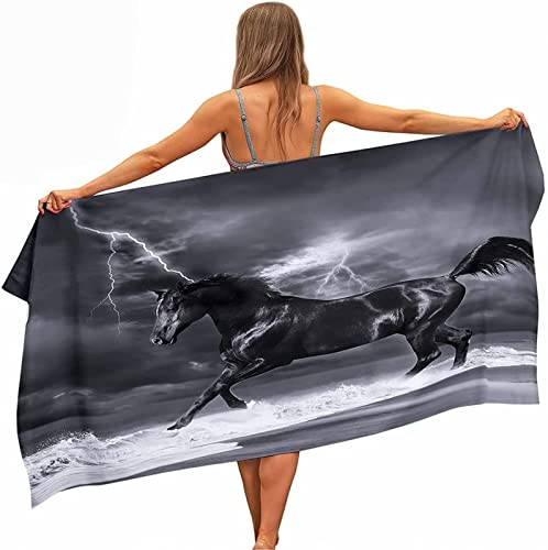 EMENZA Strandtuch Groß 100 x 200 cm Pferd, 3D Schwarzes Pferd Strandtuch Microfaser Handtücher Badetuch Strandlaken Handtuch, Schnell Trocknen Strandhandtuch Badetücher Herren Frauen Strandtücher von EMENZA