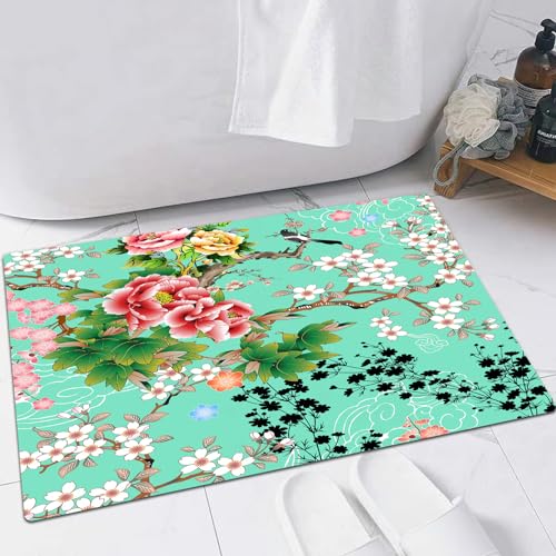 EMFSLA rutschfest Badezimmer Badeteppiche,Weich Hochflor Saugfähig Badvorleger Waschbar Flauschige Mikrofaser Badematte,Blumen-Aquarell-Blume blüht,60x90 cm von EMFSLA