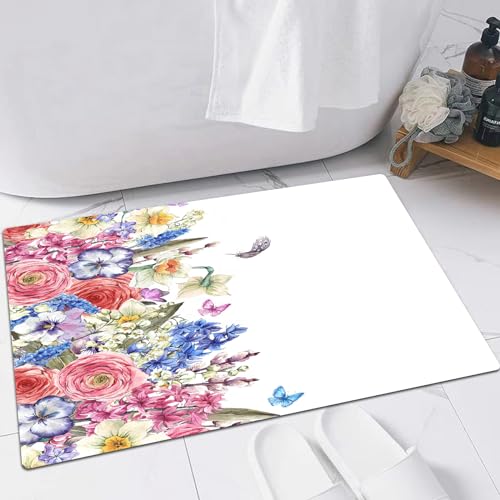 EMFSLA rutschfest Badezimmer Badeteppiche,Weich Hochflor Saugfähig Badvorleger Waschbar Flauschige Mikrofaser Badematte,Blumen mit Federn auf weißem Hintergrund,40x60 cm von EMFSLA