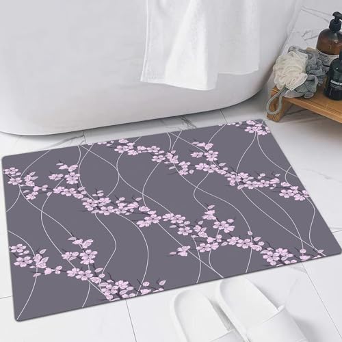 EMFSLA rutschfest Badezimmer Badeteppiche,Weich Hochflor Saugfähig Badvorleger Waschbar Flauschige Mikrofaser Badematte,Blumig, Asiatischer Frühling, Japanisch, Sakura, Zweige, Voll, Blume,60x90 cm von EMFSLA