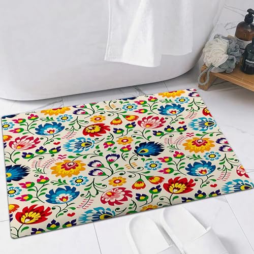 EMFSLA rutschfest Badezimmer Badeteppiche,Weich Hochflor Saugfähig Badvorleger Waschbar Flauschige Mikrofaser Badematte,Bunte Blumen mit Gefieder in den Farben Orange, Braun und Grün.,40x60 cm von EMFSLA