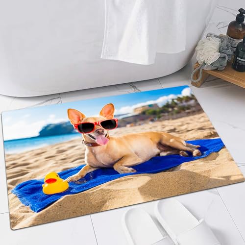 EMFSLA rutschfest Badezimmer Badeteppiche,Weich Hochflor Saugfähig Badvorleger Waschbar Flauschige Mikrofaser Badematte,Chihuahua-Hund am Strand am Meeresufer mit roter, lustiger Sonnenbrill,40x60 cm von EMFSLA