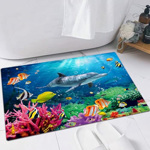 EMFSLA rutschfest Badezimmer Badeteppiche,Weich Hochflor Saugfähig Badvorleger Waschbar Flauschige Mikrofaser Badematte,Delphin-Korallen-Bunte Fische unter dem Meer,60x90 cm von EMFSLA
