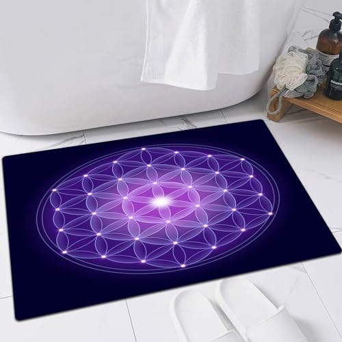 EMFSLA rutschfest Badezimmer Badeteppiche,Weich Hochflor Saugfähig Badvorleger Waschbar Flauschige Mikrofaser Badematte,Dunkelblau, Blume des Lebens mit Sternen, spirituelles Symbol, heilige,60x90 cm von EMFSLA