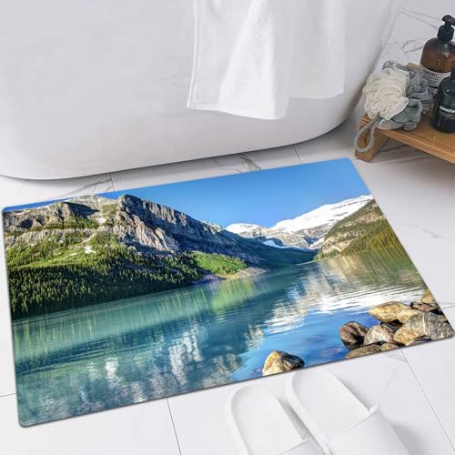 EMFSLA rutschfest Badezimmer Badeteppiche,Weich Hochflor Saugfähig Badvorleger Waschbar Flauschige Mikrofaser Badematte,Felsiger Bergsee Lake Louise in Banff, Kanada,60x90 cm von EMFSLA