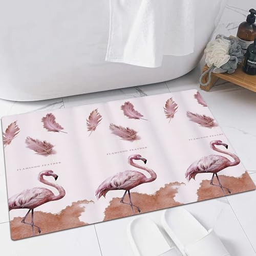 EMFSLA rutschfest Badezimmer Badeteppiche,Weich Hochflor Saugfähig Badvorleger Waschbar Flauschige Mikrofaser Badematte,Flamingo-Rosa-Feder-Tiervögel,40x60 cm von EMFSLA