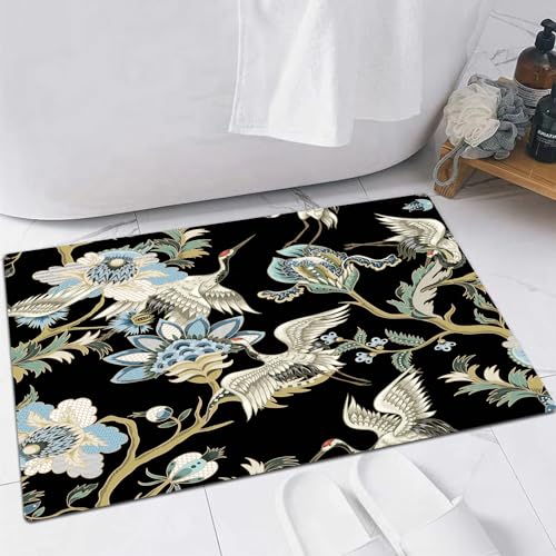 EMFSLA rutschfest Badezimmer Badeteppiche,Weich Hochflor Saugfähig Badvorleger Waschbar Flauschige Mikrofaser Badematte,Florale Elegante Blume Vintage bewusste Natur asiatische Kranich-Chrys,60x90 cm von EMFSLA