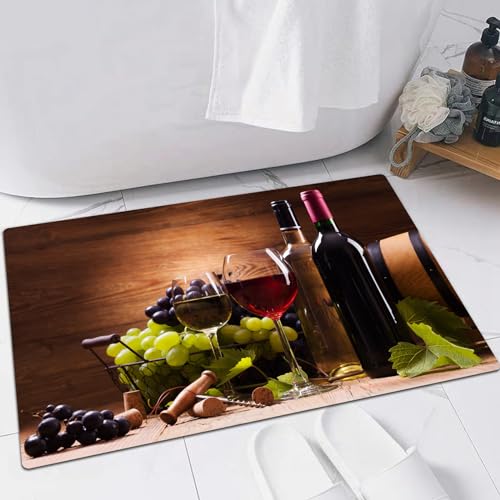 EMFSLA rutschfest Badezimmer Badeteppiche,Weich Hochflor Saugfähig Badvorleger Waschbar Flauschige Mikrofaser Badematte,Gläser Rot- und Weißwein serviert mit Trauben auf einem Holzhintergrun,40x60 cm von EMFSLA