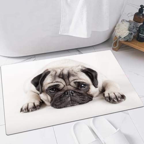 EMFSLA rutschfest Badezimmer Badeteppiche,Weich Hochflor Saugfähig Badvorleger Waschbar Flauschige Mikrofaser Badematte,Hundeliebhaber Tiere Mops Welpe liegend,60x90 cm von EMFSLA