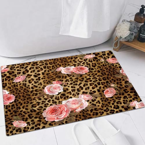 EMFSLA rutschfest Badezimmer Badeteppiche,Weich Hochflor Saugfähig Badvorleger Waschbar Flauschige Mikrofaser Badematte,Leopardenblume Niedliche rosa rosa Mischung wildes Tierleopard kreativ,60x90 cm von EMFSLA