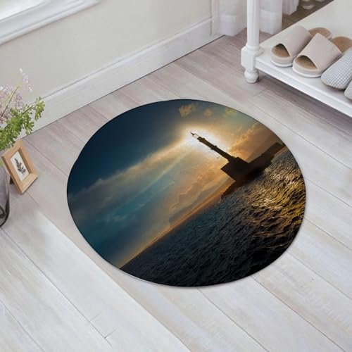 EMFSLA rutschfest Badezimmer Badeteppiche,Weich Hochflor Saugfähig Badvorleger Waschbar Flauschige Mikrofaser Badematte,Leuchtturm, Leuchtturm Sonnenuntergang Sonnenlicht Romantischer Urlaub,60x60 cm von EMFSLA