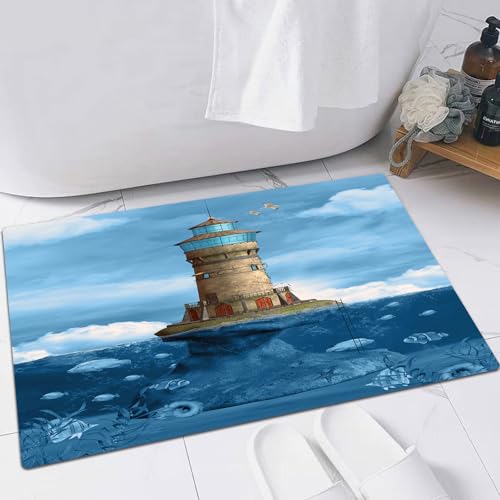 EMFSLA rutschfest Badezimmer Badeteppiche,Weich Hochflor Saugfähig Badvorleger Waschbar Flauschige Mikrofaser Badematte,Leuchtturm Möwen Vögel Architektur maritimes Riff Fische unter Wasser,60x90 cm von EMFSLA