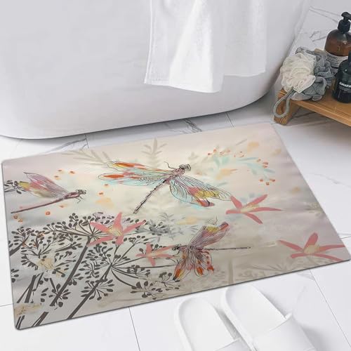 EMFSLA rutschfest Badezimmer Badeteppiche,Weich Hochflor Saugfähig Badvorleger Waschbar Flauschige Mikrofaser Badematte,Modevektorillustration mit Blumen und Libelle,60x90 cm von EMFSLA