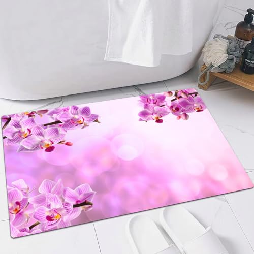 EMFSLA rutschfest Badezimmer Badeteppiche,Weich Hochflor Saugfähig Badvorleger Waschbar Flauschige Mikrofaser Badematte,Rosa Orchidee auf rosa Hintergrund,60x90 cm von EMFSLA