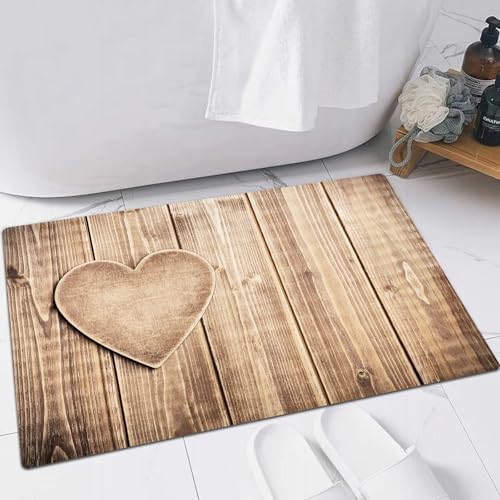 EMFSLA rutschfest Badezimmer Badeteppiche,Weich Hochflor Saugfähig Badvorleger Waschbar Flauschige Mikrofaser Badematte,Rustikales Herz über der romantischen Eckfeier der Liebenden aus Holzp,60x90 cm von EMFSLA
