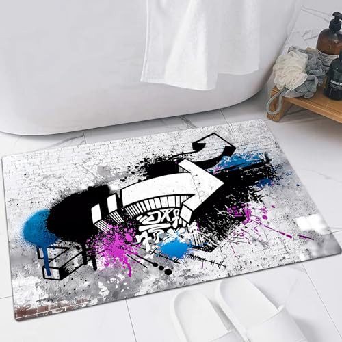 EMFSLA rutschfest Badezimmer Badeteppiche,Weich Hochflor Saugfähig Badvorleger Waschbar Flauschige Mikrofaser Badematte,Schwarze Graffiti-Skizze mit blauen und rosa Grunge-Farbspritzern,40x60 cm von EMFSLA