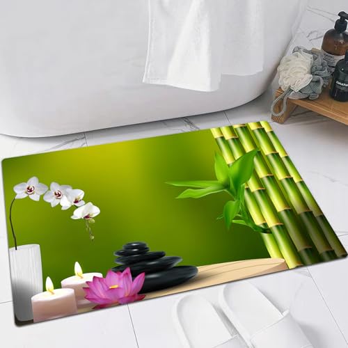 EMFSLA rutschfest Badezimmer Badeteppiche,Weich Hochflor Saugfähig Badvorleger Waschbar Flauschige Mikrofaser Badematte,Spa-Dekor, Bambusblüten-Steinwachs auf dem Tisch, Orchideenfelsen, ges,40x60 cm von EMFSLA