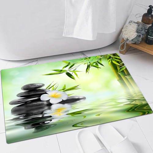EMFSLA rutschfest Badezimmer Badeteppiche,Weich Hochflor Saugfähig Badvorleger Waschbar Flauschige Mikrofaser Badematte,Spa-Dekor, Garten mit Frangipani-Bambus, japanische Entspannung, Ruhe,60x90 cm von EMFSLA