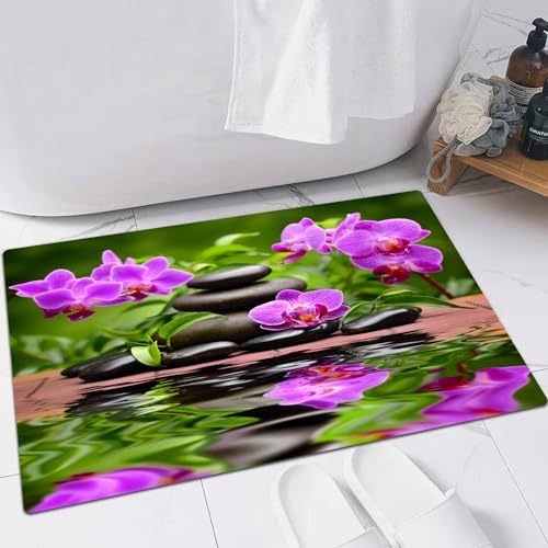 EMFSLA rutschfest Badezimmer Badeteppiche,Weich Hochflor Saugfähig Badvorleger Waschbar Flauschige Mikrofaser Badematte,Spa-Konzept mit Zen-Basaltsteinen und Orchidee,60x90 cm von EMFSLA