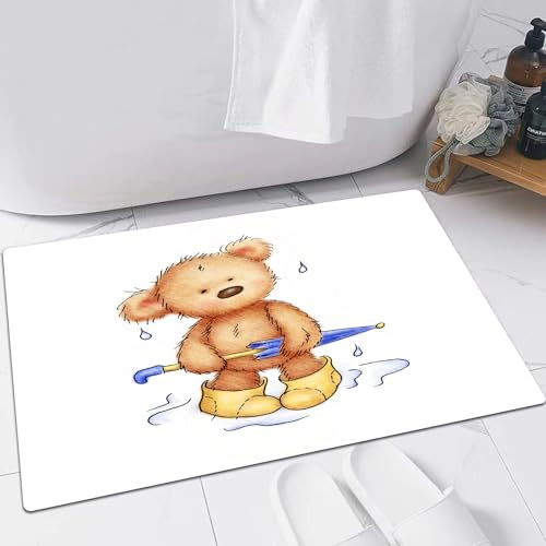 EMFSLA rutschfest Badezimmer Badeteppiche,Weich Hochflor Saugfähig Badvorleger Waschbar Flauschige Mikrofaser Badematte,Teddybär mit Regenschirm und Gummistiefeln,40x60 cm von EMFSLA