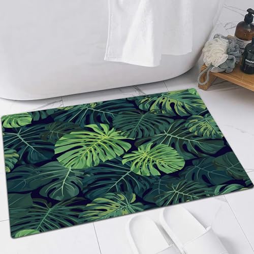 EMFSLA rutschfest Badezimmer Badeteppiche,Weich Hochflor Saugfähig Badvorleger Waschbar Flauschige Mikrofaser Badematte,Tropische Pflanzen grüne Monstera abstraktes bizarres Muster,60x90 cm von EMFSLA