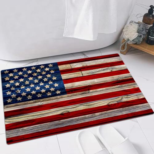 EMFSLA rutschfest Badezimmer Badeteppiche,Weich Hochflor Saugfähig Badvorleger Waschbar Flauschige Mikrofaser Badematte,USA alte bemalte amerikanische Flagge auf dunklem Holzzaun,60x90 cm von EMFSLA
